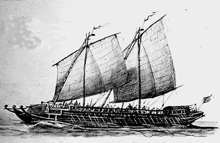 An Iranun warship of the late 18th century called ‘lanong’ is at least 30 meters long and comprised three banks of oars under full sail. With large bamboo outriggers, the ship is propelled more than 190 rowers. Photo by James Francis Warren,In “Pirates, Prostitutes and Pullers.” 2009.