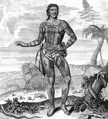 The 1697 engraving of a Pintado whom the Europeans dubbed ‘Prince Giolo.’ The Pintado was a slave purchased by the English privateer William Dampier. This engraving, though not likely accurate, shows the European concept of the Pintado warrior.